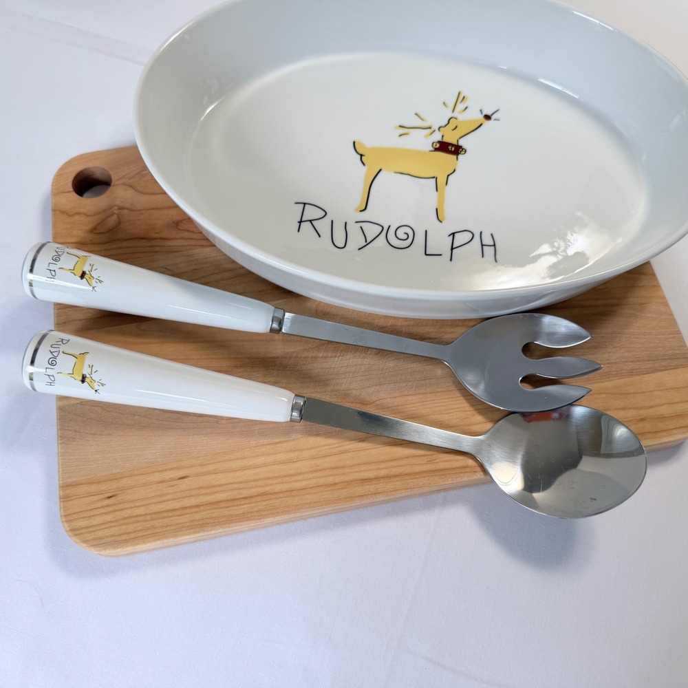 Pottery Barn Reindeer Rudolph Serving Set White Holiday Bowl and Utensils - Picture 3 of 15